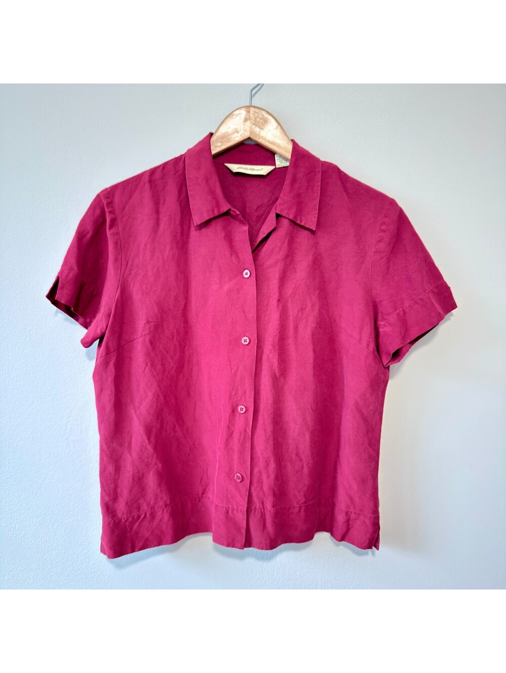 Red Silk Linen Vintage Eddie Bauer Short Sleeve Button Down Camp Shirt Blouse- L